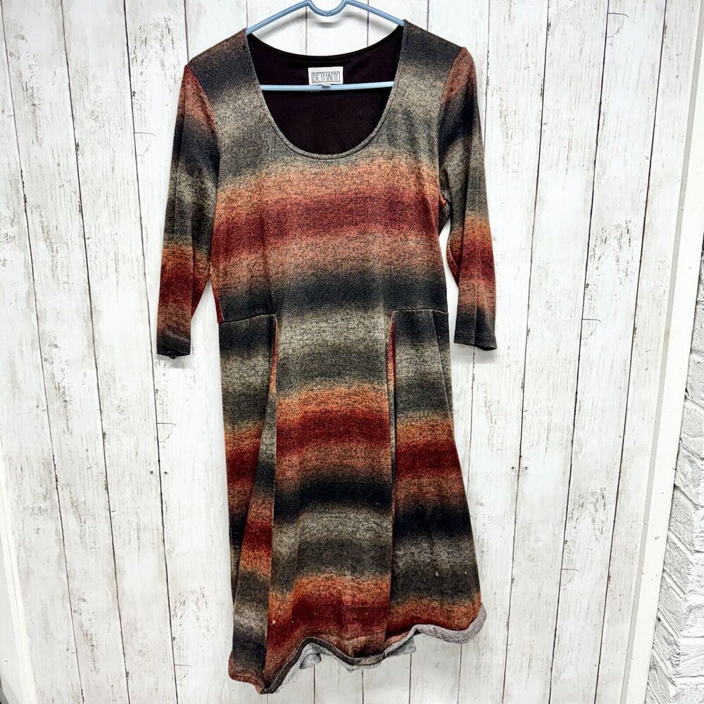 VTG Bethany Dress Women Sz MD Long Sleeve Mini Striped A line Mini Brown Pleated